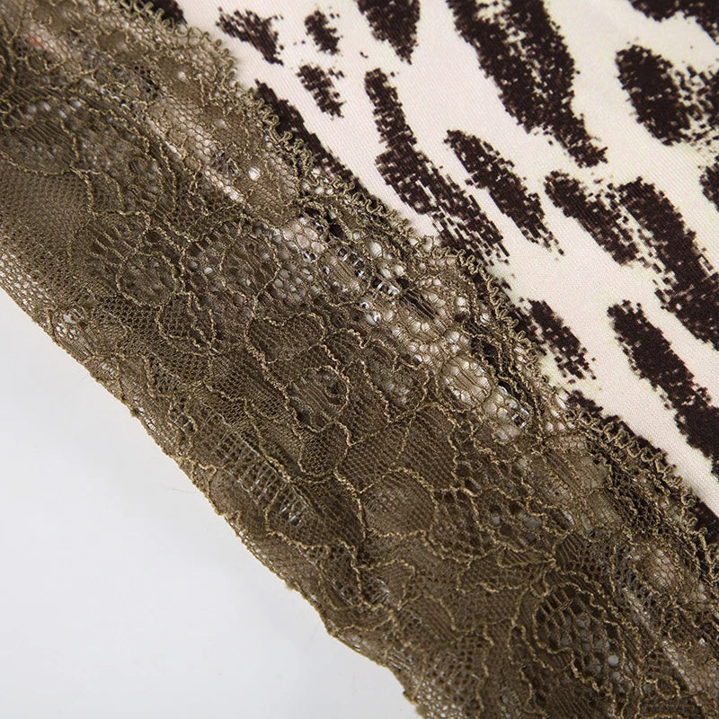 Leopard Print 's Top Tee Lace Patchwork Brown Slim Shirts Long Sleeves Crewneck
