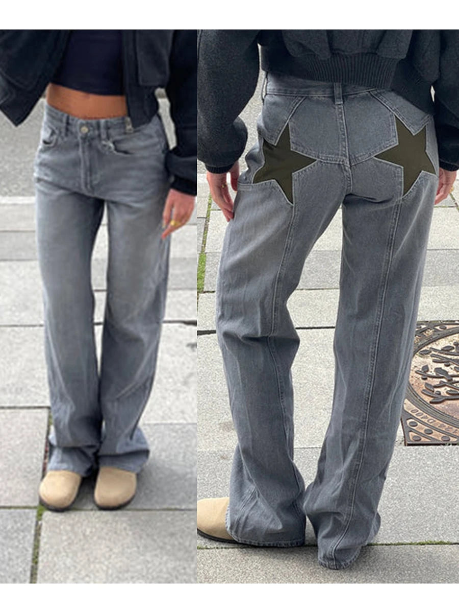 Star Pattern Loose Straight Leg Denim Low Waist Jeans