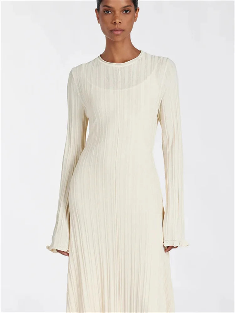 Knit Loose Maxi Dress Lace-Up High Waist Ribbed Long Sleeve Dress Knit Long Dress