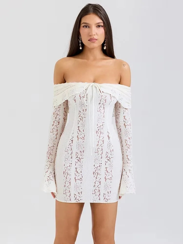 Lace Off-shoulder Maxi Dress Strapless Backless Long Sleeve Bodycon Evening Long Dress