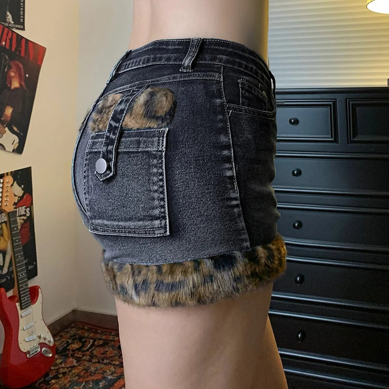 Low Waisted Button Up Mini Shorts Leopard Print Fur Patchwork Bottoms