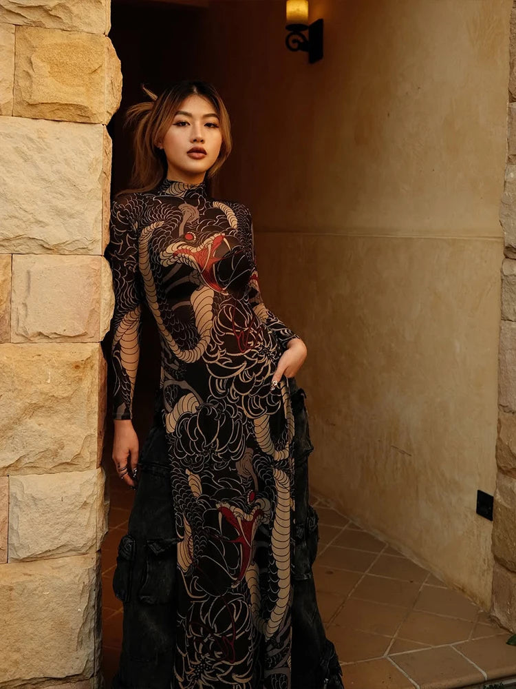 See Through Blouse Snake Print Half-High Neck Long Sleeves High Slits High Elasticity Long Top
