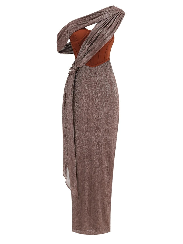 One Shoulder Draped Glitter Long Dress Brown Corset Sparkly Backless Bodycon Maxi Dresses Evening Gowns