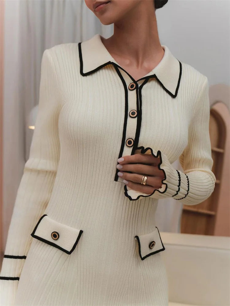 Ruffled Knit Dress Ribbed Contrast Long Sleeve High Waist Lapel Gown Dress Knit Ladies Maxi Dress
