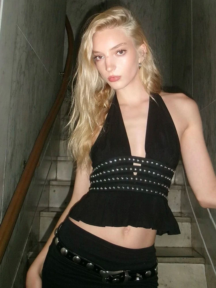 Black Backless V-Neck Halter Top
