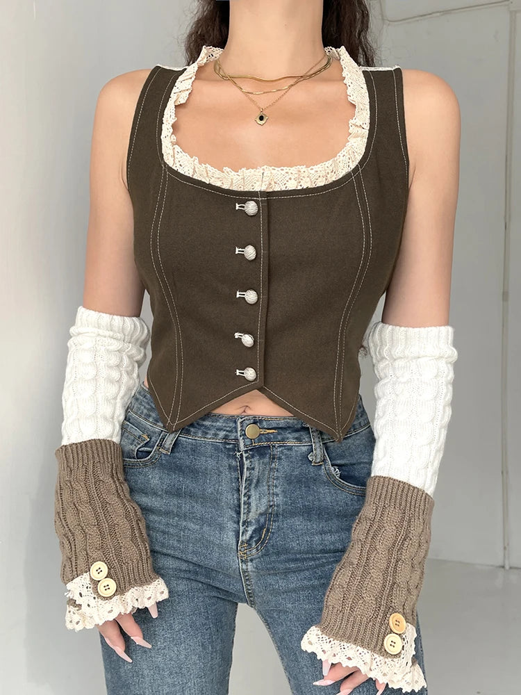 Lace Patchwork Button Up Tank Top Square Collar Sleeveless Slim