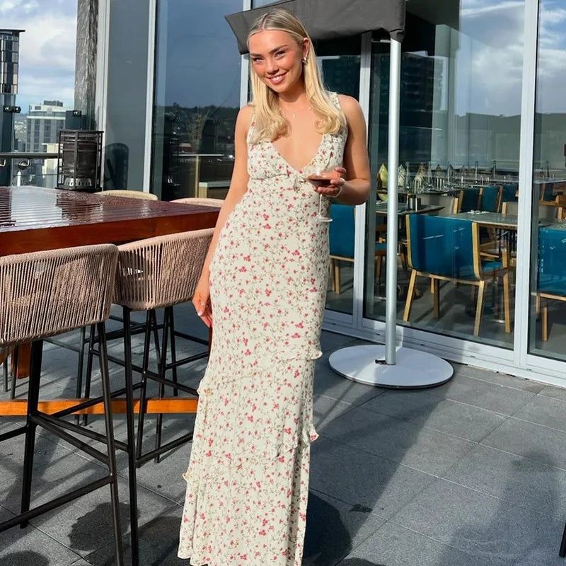 Apricot Floral V-Neck Maxi Dress
