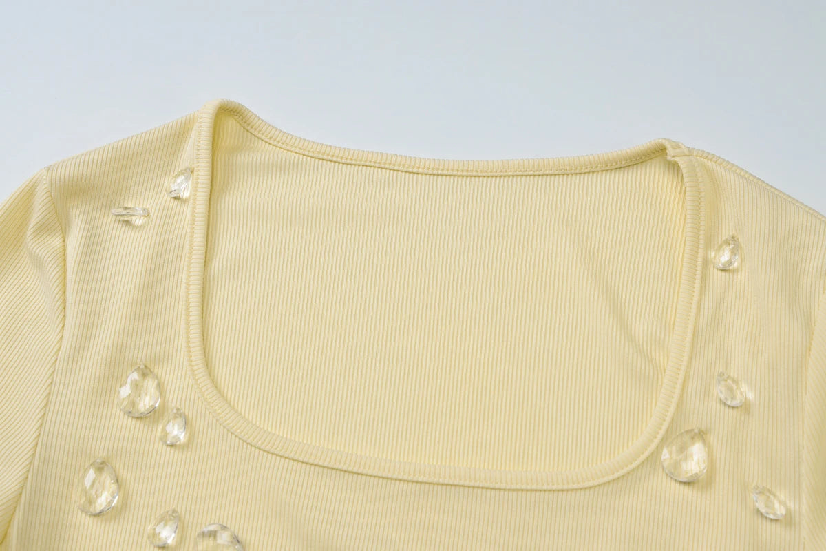 Knit Square Collar Long Sleeve Slim Water Droplets Diamond Top