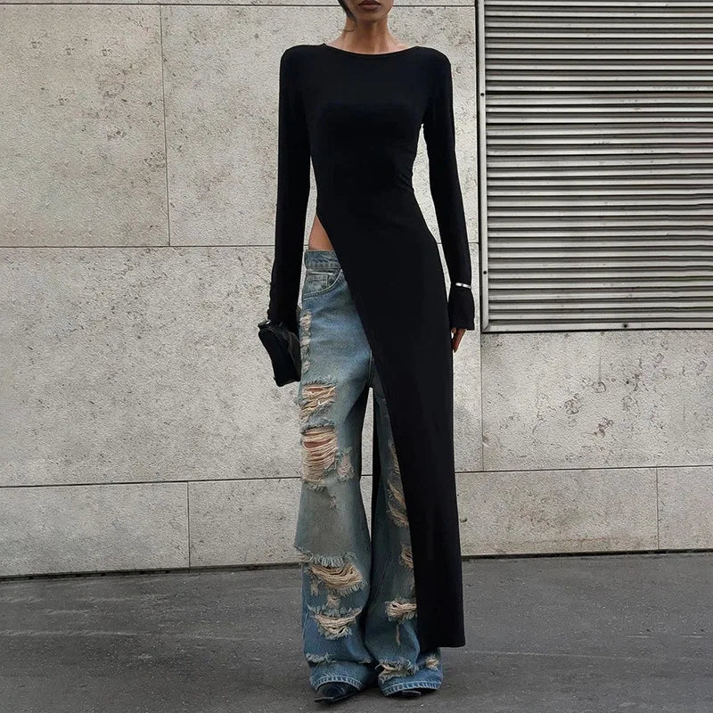 Asymmetrical Long Sleeve Black Top