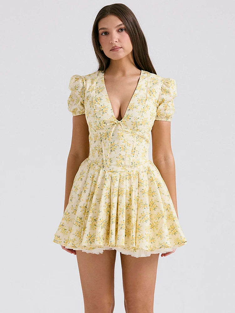 Print Mini Dress For Yellow Short Sleeve Deep V Neck A-line Pleated Dress