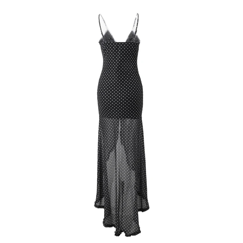 Black Backless V-Neck Polka Dot Maxi Dress
