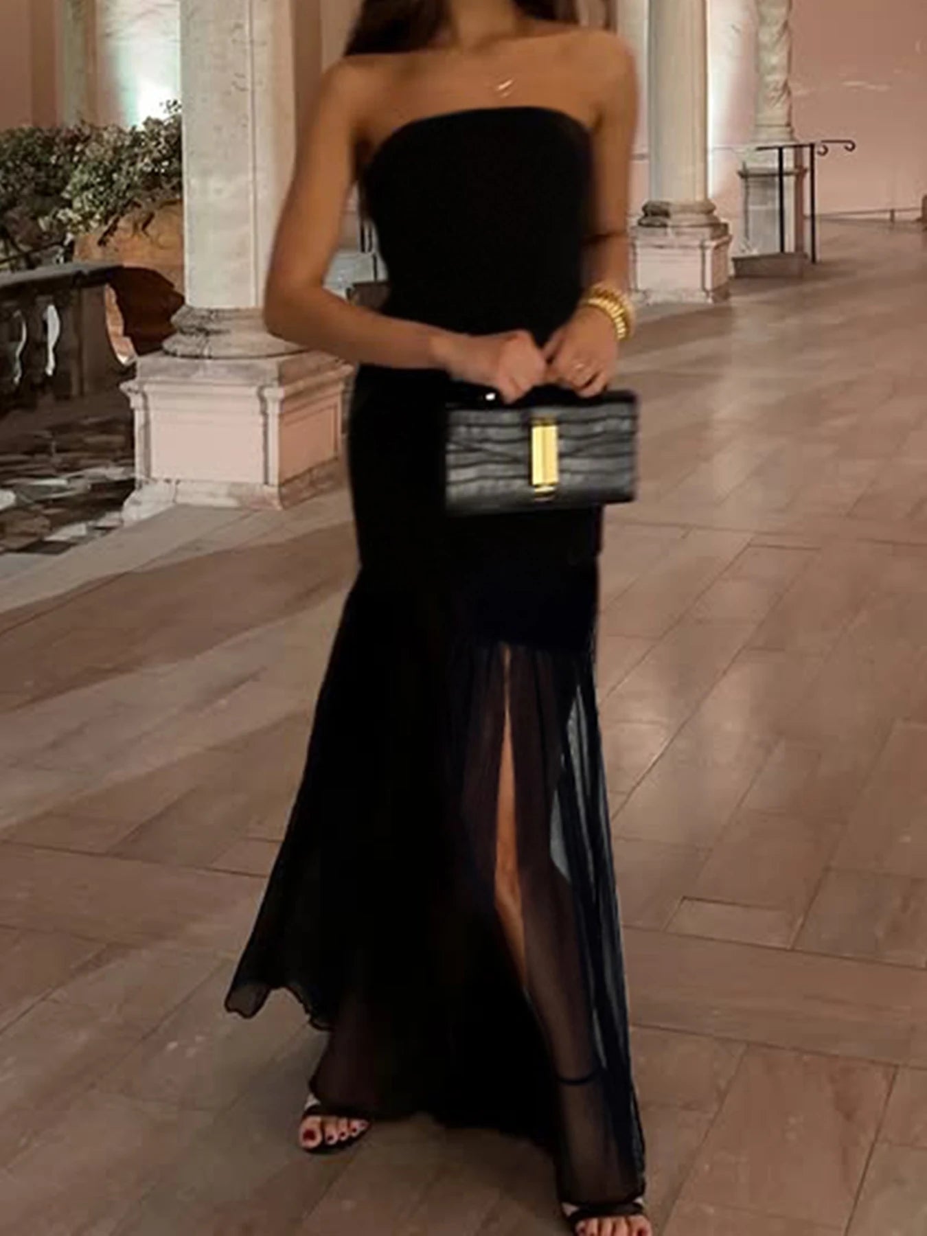 Strapless Mesh Dress Backless Split Evening Dress Floor-length Dress