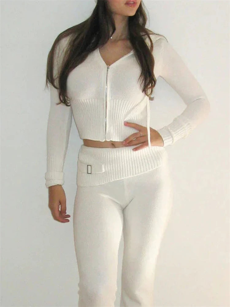Knit 2 Piece-Set Trousers Hoodie Tracksuit Crop top Knit And Pants Sets Trousers