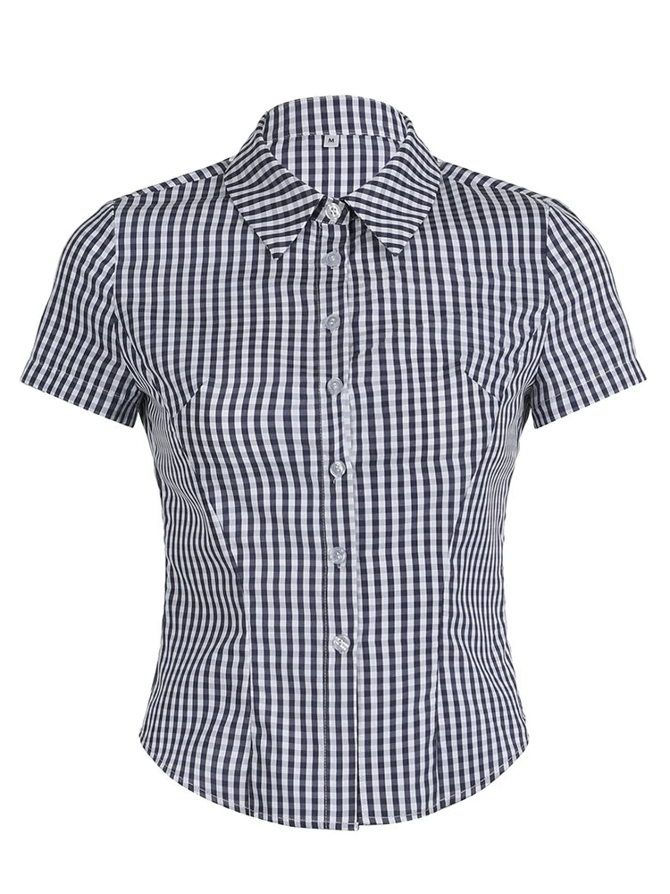 American Retro Short Sleeve Plaid Shirts Button Up Turn Down Collar Preppy Tops