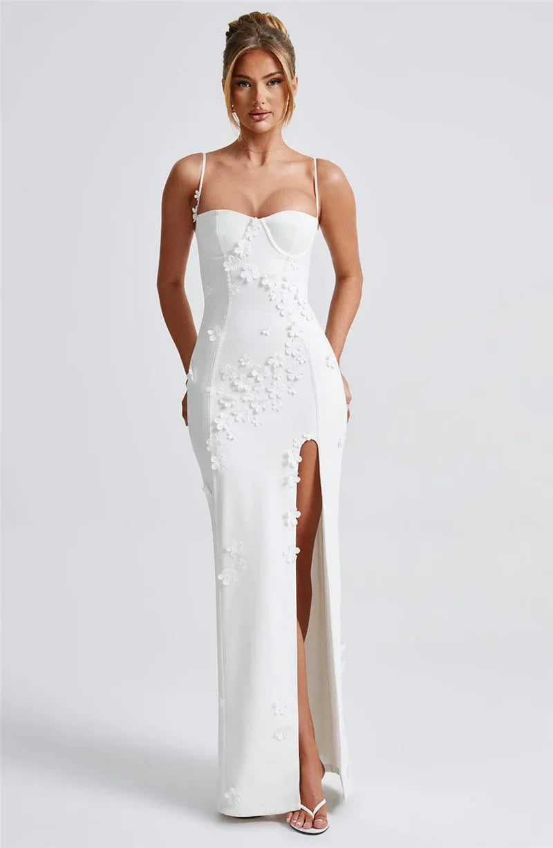 Flower Spaghetti Strap Maxi Dress Off-shoulder Backless Thigh High Split Evening Dress