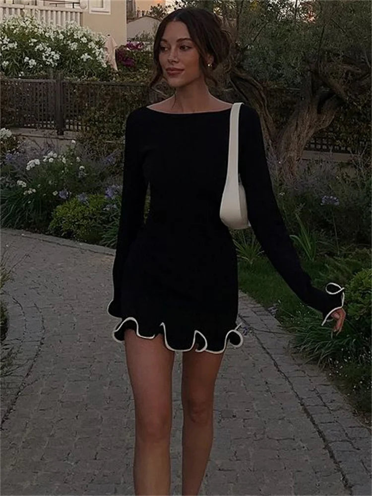 Knit Mini Dress Ruffled High Waist Slim Dress Patchwork Knit Sweater Dress