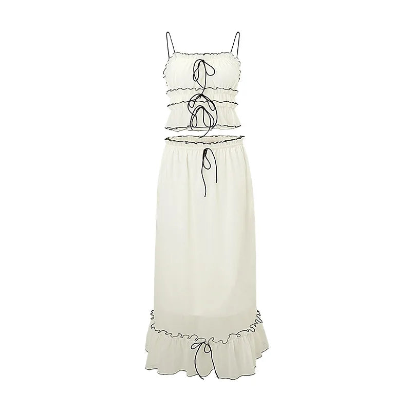 White Mesh See-Through Top and Maxi Skirt Set