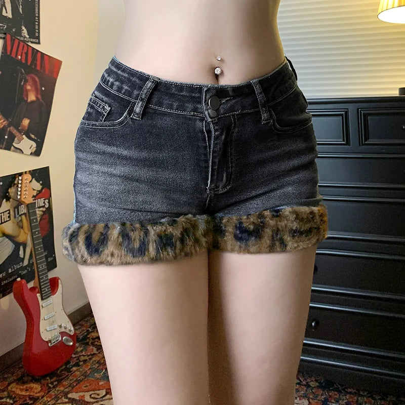 Low Waisted Button Up Mini Shorts Leopard Print Fur Patchwork Bottoms