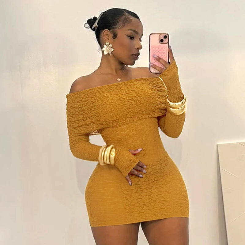 Off Shoulder Slah Neck Long Sleeve Meh Dress Hollow Out Wrap Dress