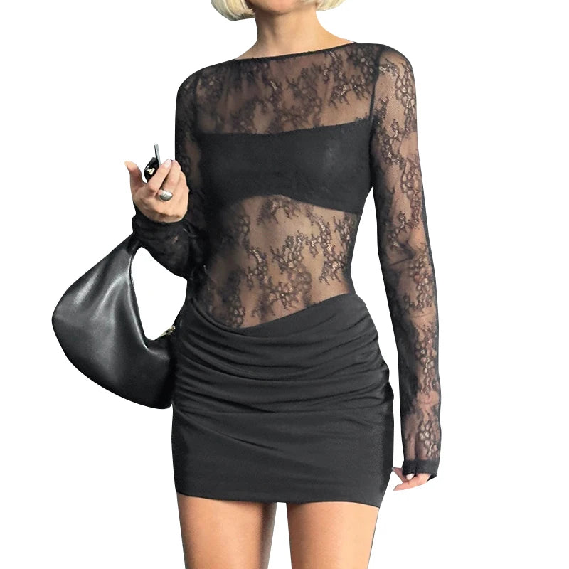 Black Dress Long Sleeve Lace See Through Mini Wrap Dress