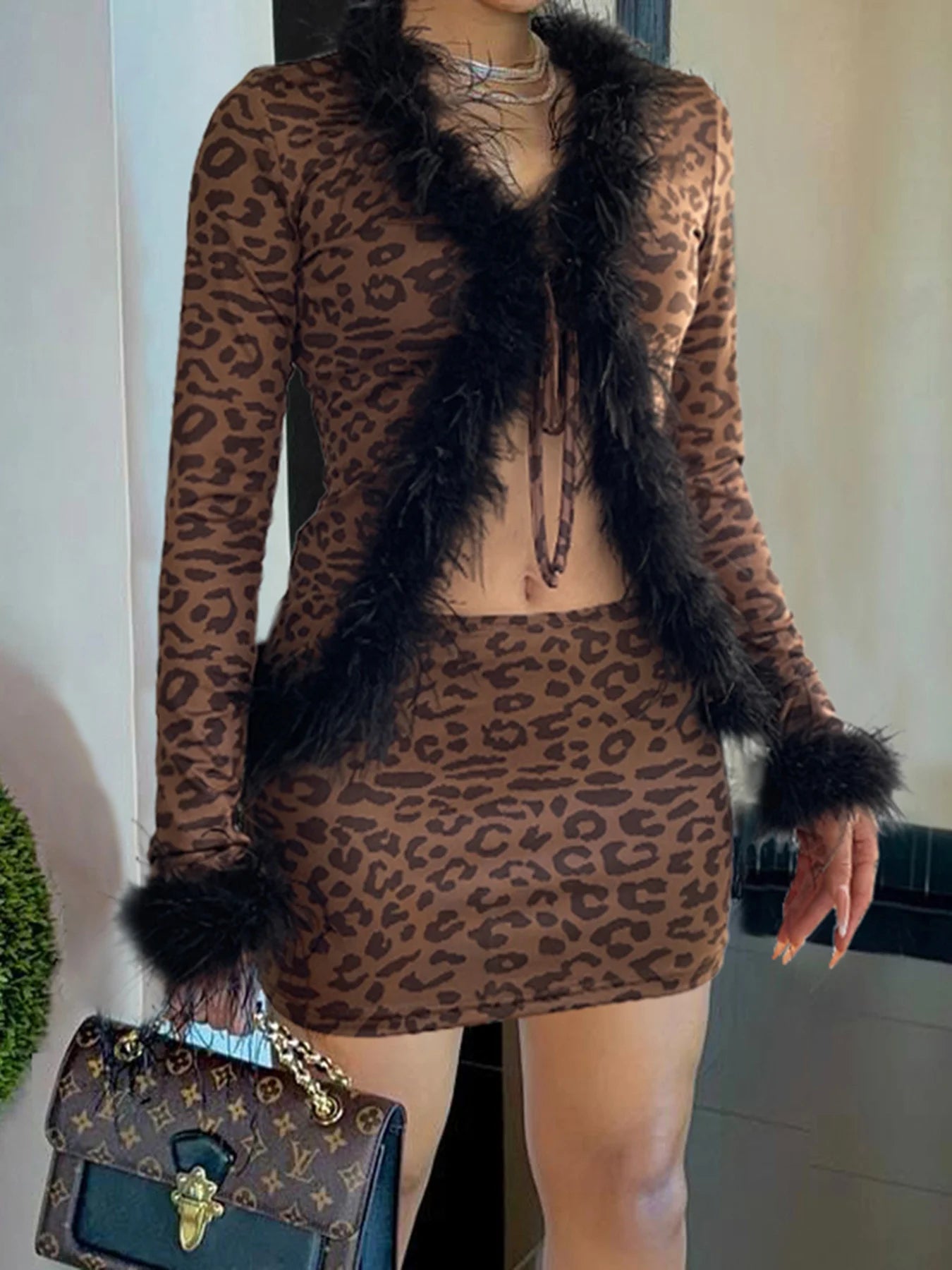 Leopard Print Two Pieces of Sets 's Lace-up Coats and Mini Skirts Long Sleeved