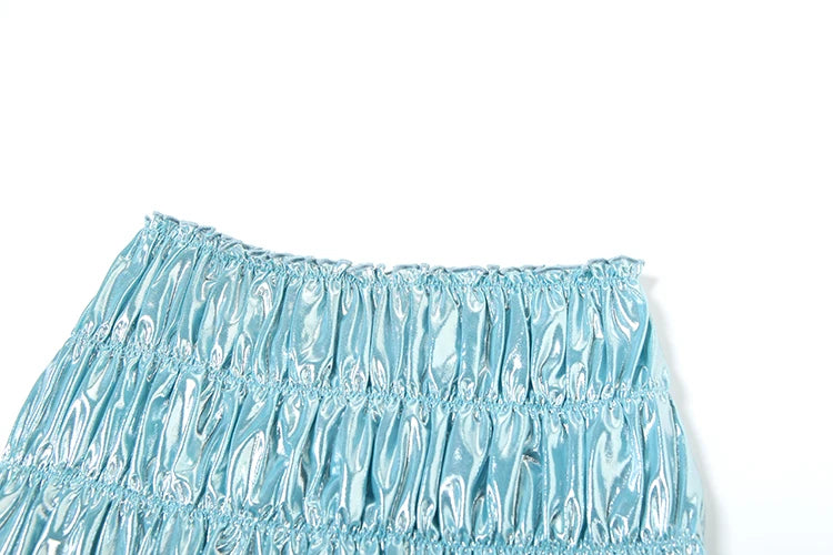 Shiny Reflective Set Stunning Trim Crop Camis Under Pleated Ruffle Mini Skirts Swim Suits