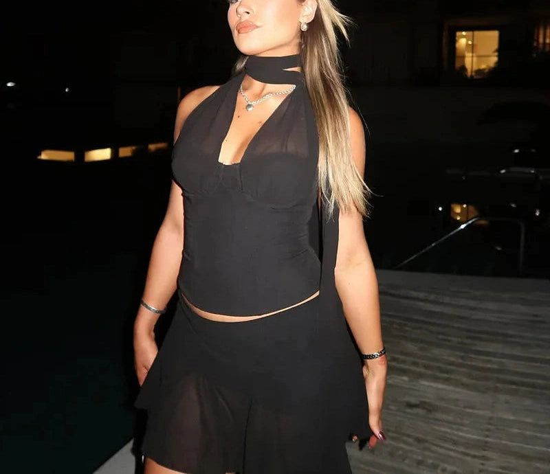 Mesh Wrap Around Halter Sets Backless Top and Skirt Co-ords Set