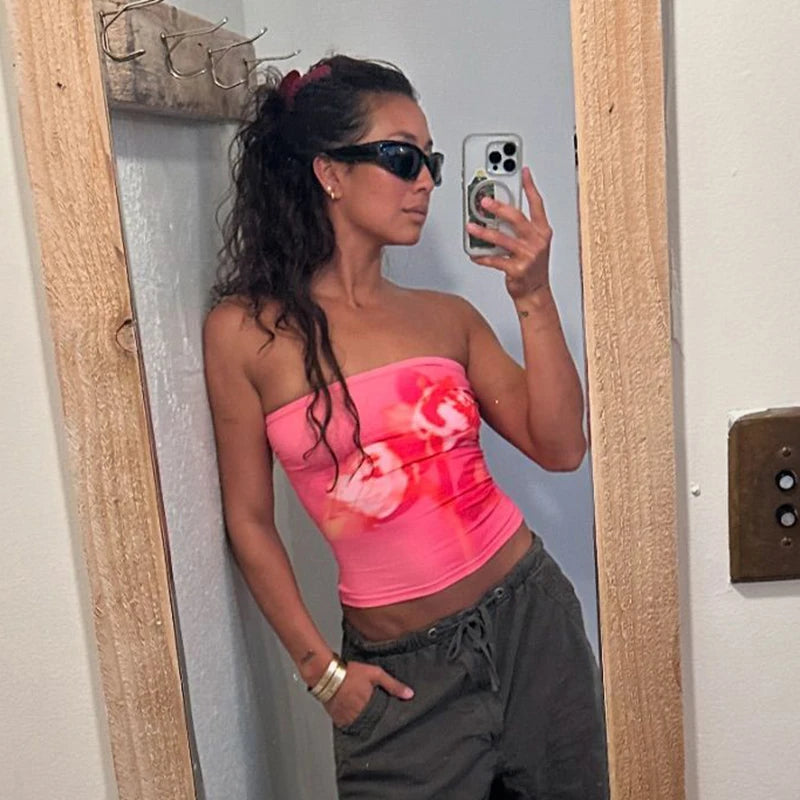 Floral Black Pink Tube Top Slim Fit Veratile Top