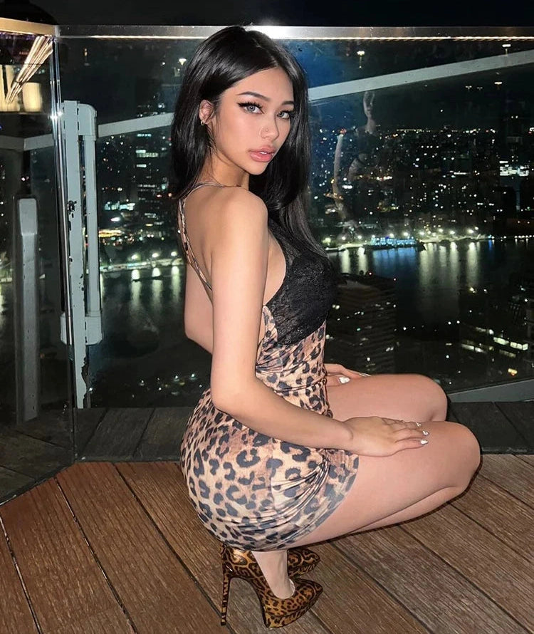 Backless Dress Leopard Print Patchwork Lace Halter Bodycon