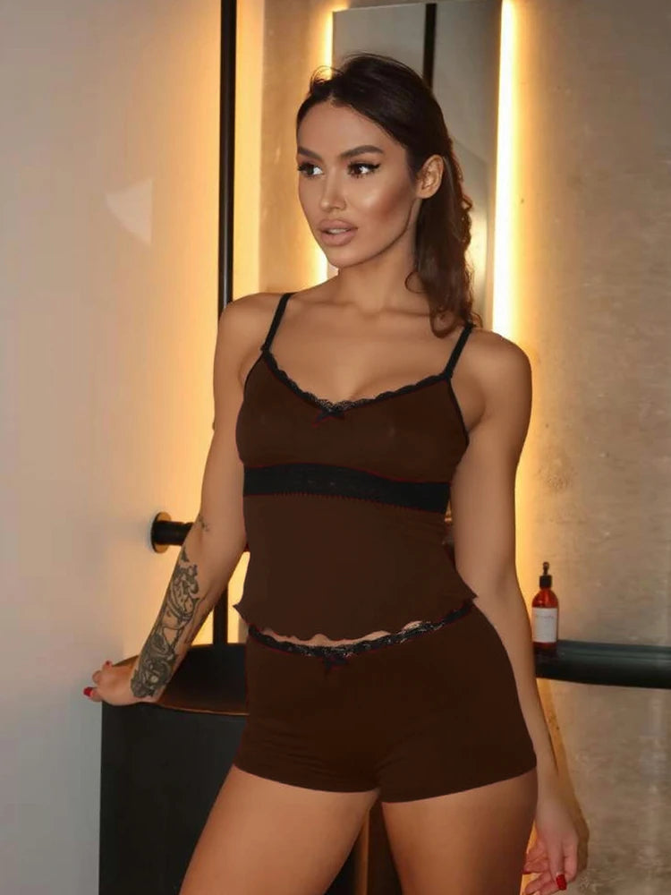 Matching 2 Piece Set Trim Low Neck Irregular Crop Camiole Elatic Wait Slim Short Sweet