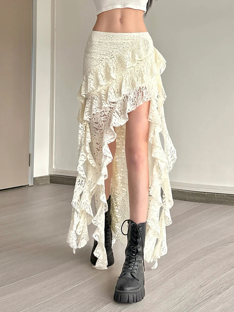 Irregular Ruffles Lace Patchwork Skirt