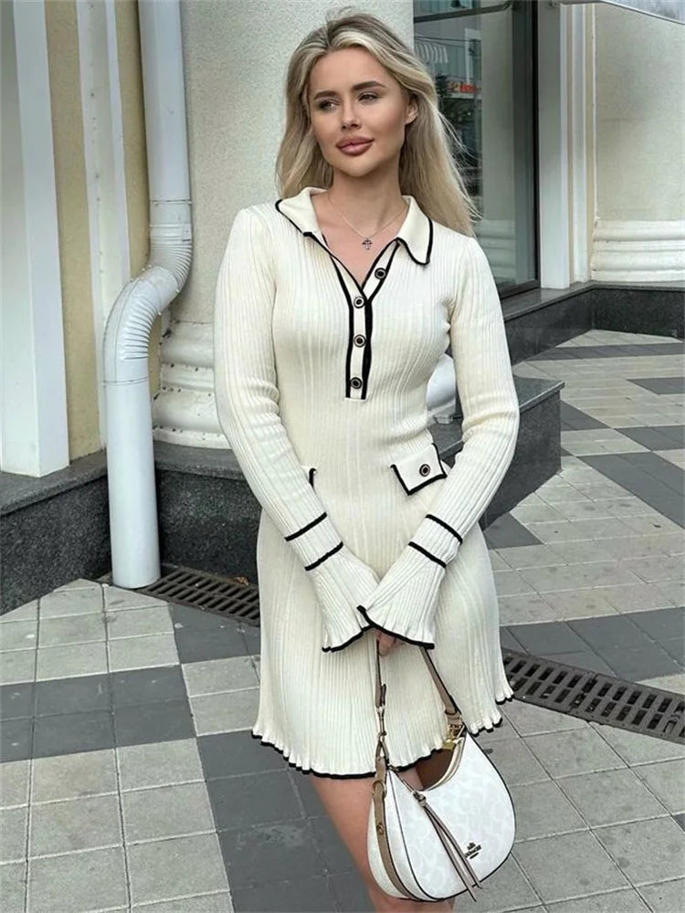 Ruffled Knit Dress Ribbed Contrast Long Sleeve High Waist Lapel Gown Dress Knit Ladies Maxi Dress