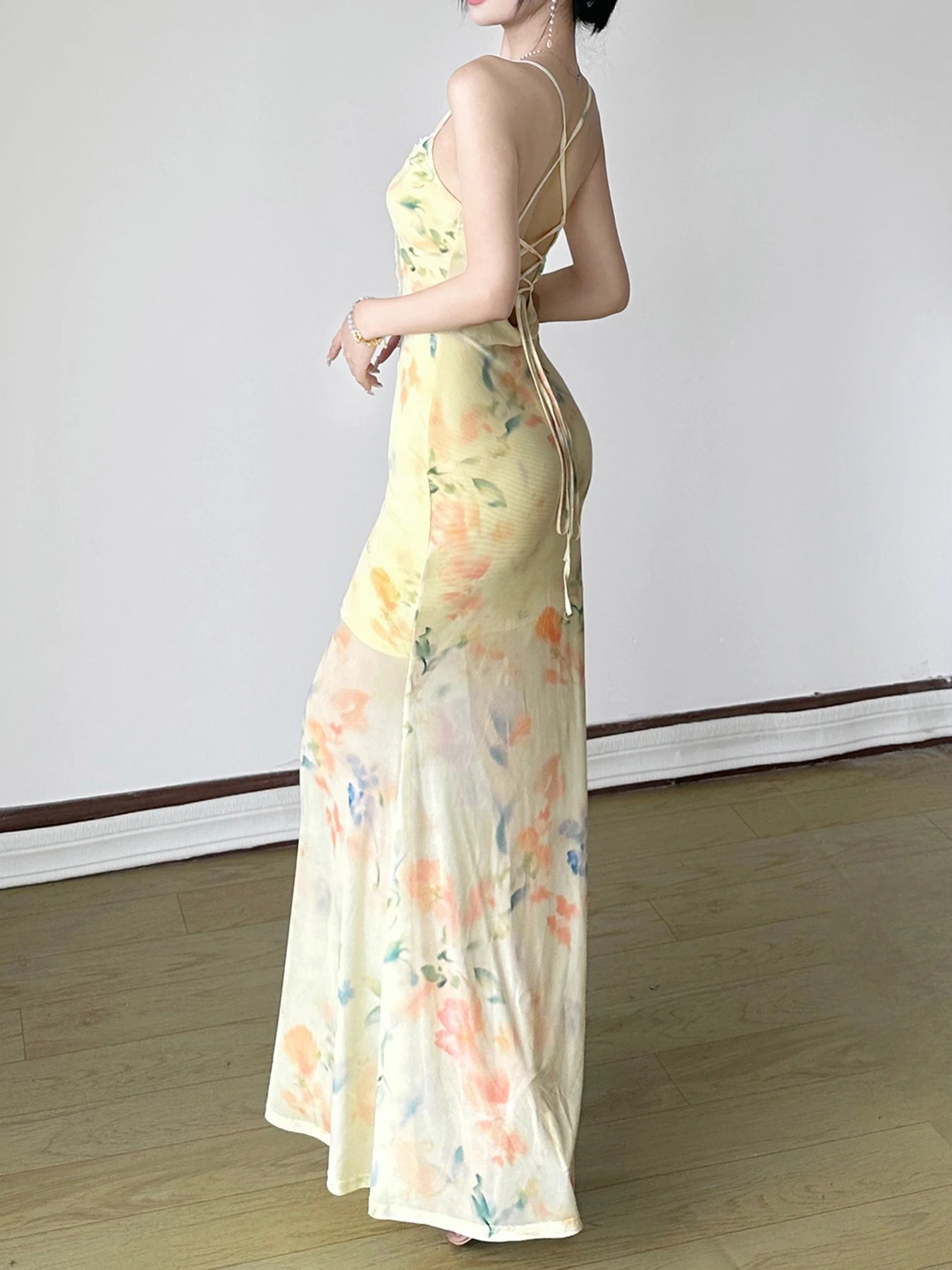 Floral Trumpet Dress Slim Lace V-Neck Sleeveless Maxi