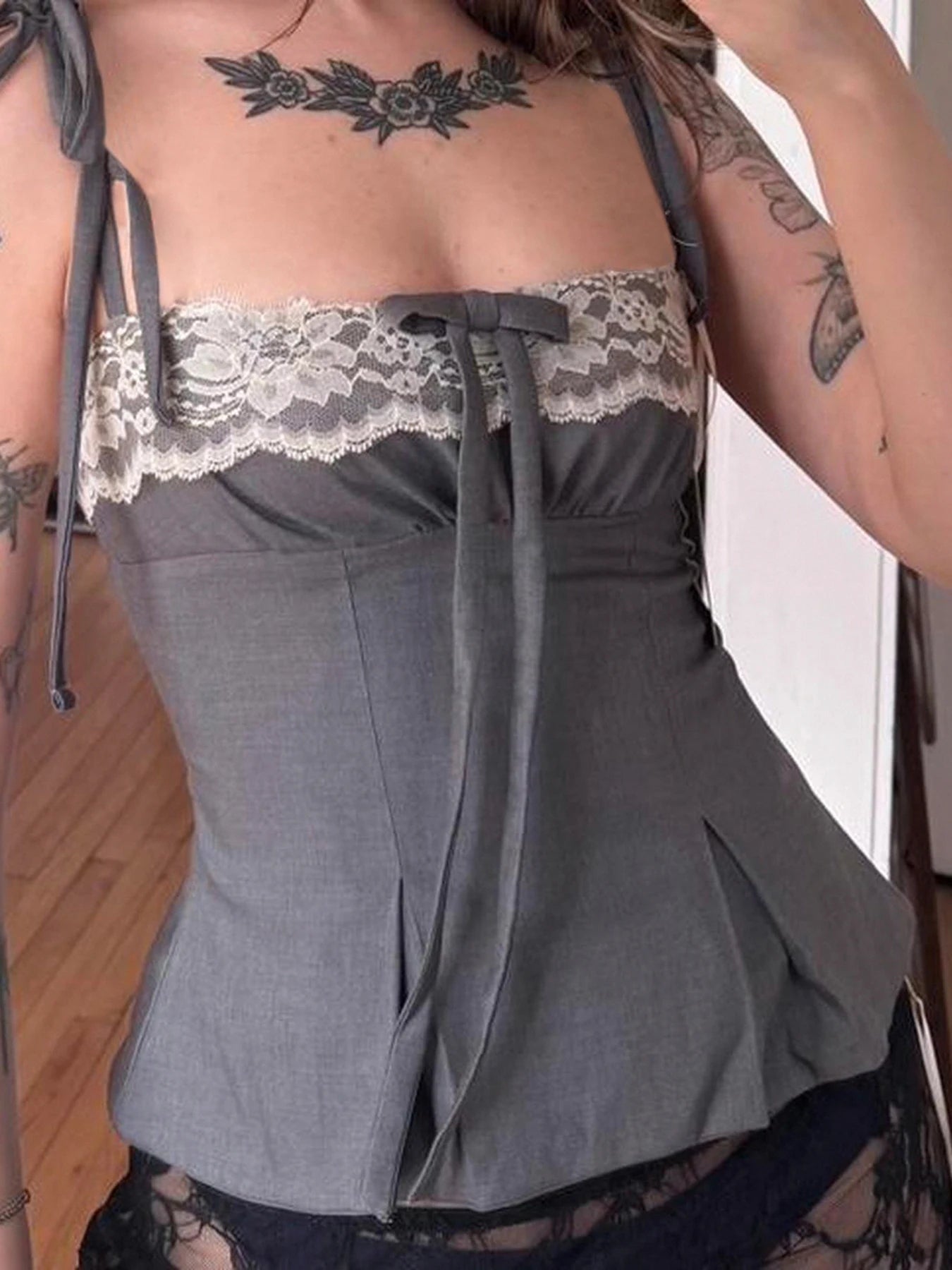 Gray Lace Bow Slim Top