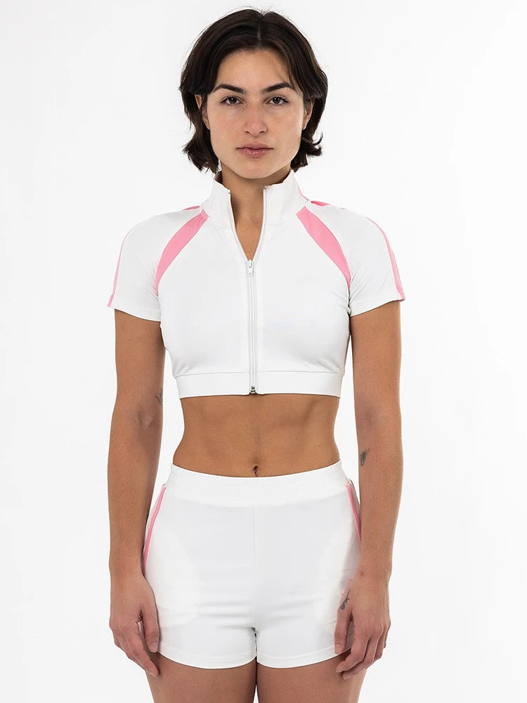 Lapel Zipper Clah Patchwork Waitle Short Sleeve Skinny Short Top Elatic Cord Sport Short Set