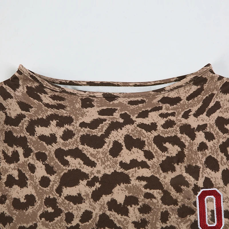 Crewneck Two Pieces of Sets Leopard Print Tee Shirts anf Patchwork Shorts 's Slim