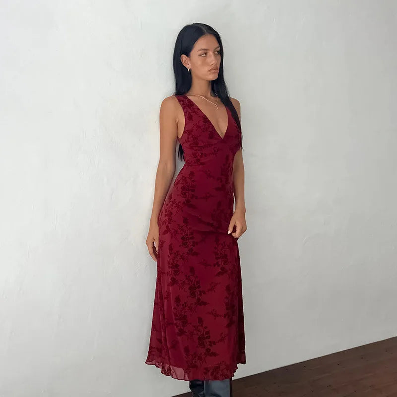 Printed Deep V Long Dress Floral Contrast Color Sleeveless Waist Slim Dress Long Dress