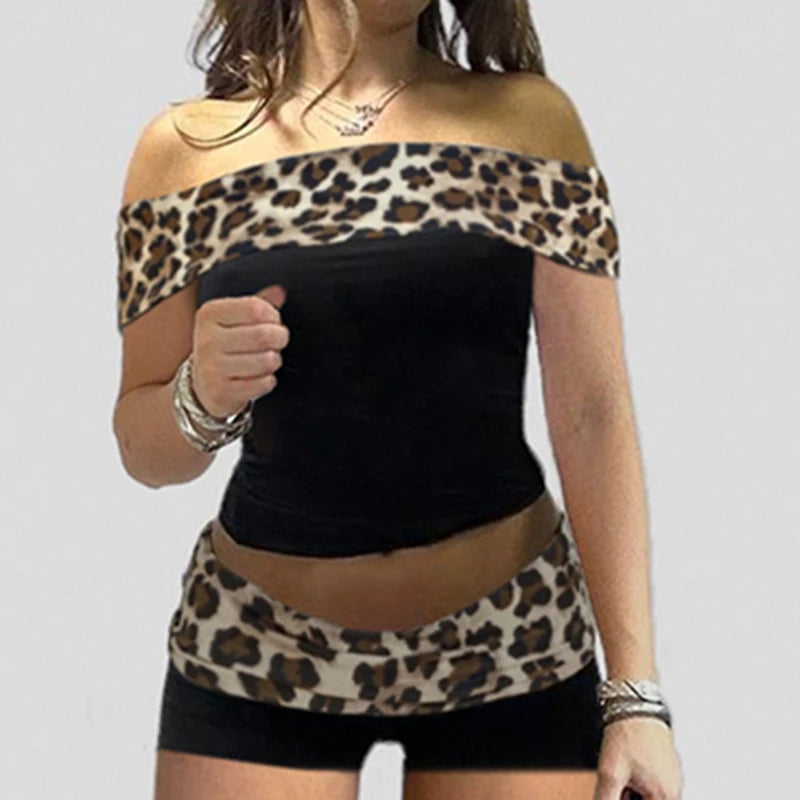Slash Neck Slim Crop Shirts Leopard Print 's Top Fairycore Grunge