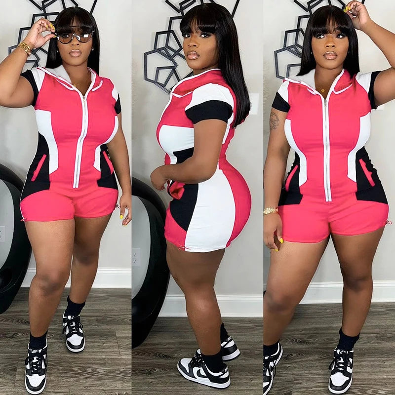 Short-Sleev Zipper Hood Sport Wind Package Hip Short Playuit