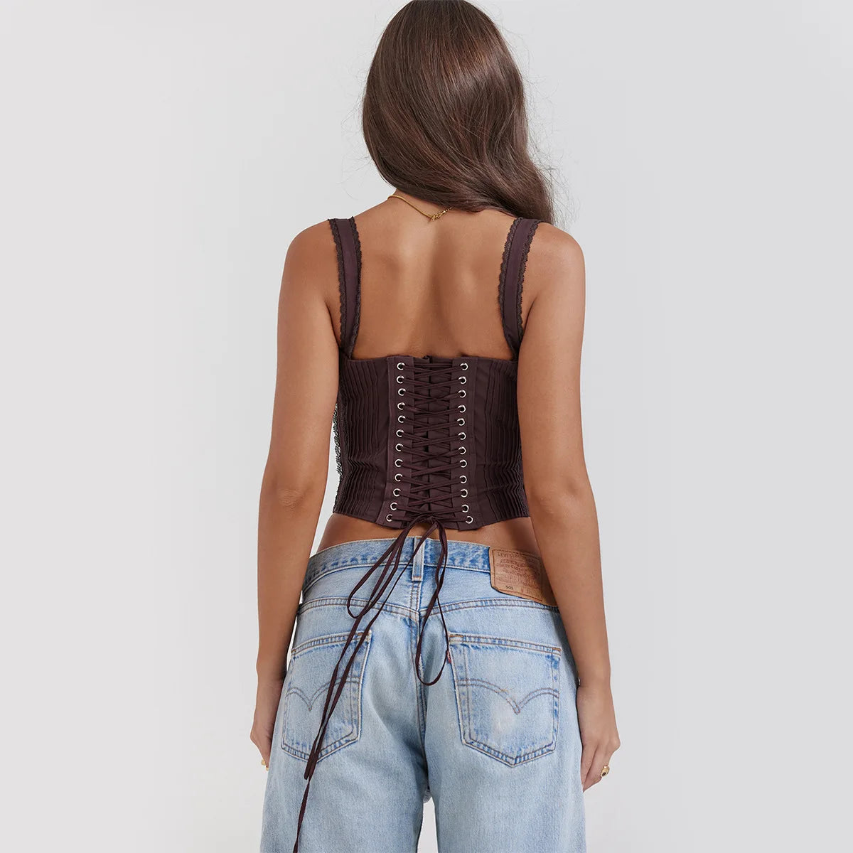 White Cropped Top Spaghetti Strap Lace Up Top Lovely Tanks & Camis
