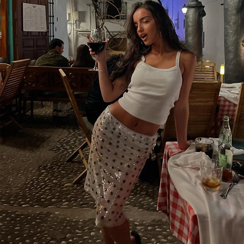 White Polka Dot Low Waist Midi Skirt