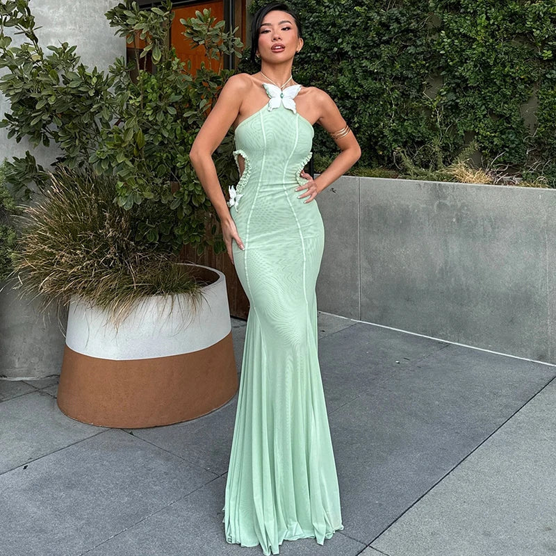 Butterfly Halter See Through Hollow Out Maxi Dress