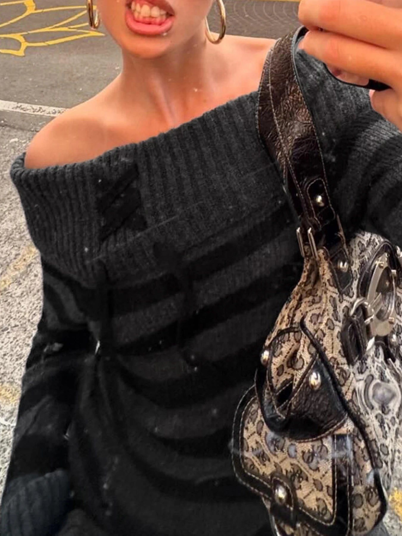 Slash Neck Striped Knitted Sweaters Patchwork Pullovers HArajuku Grunge 's Top
