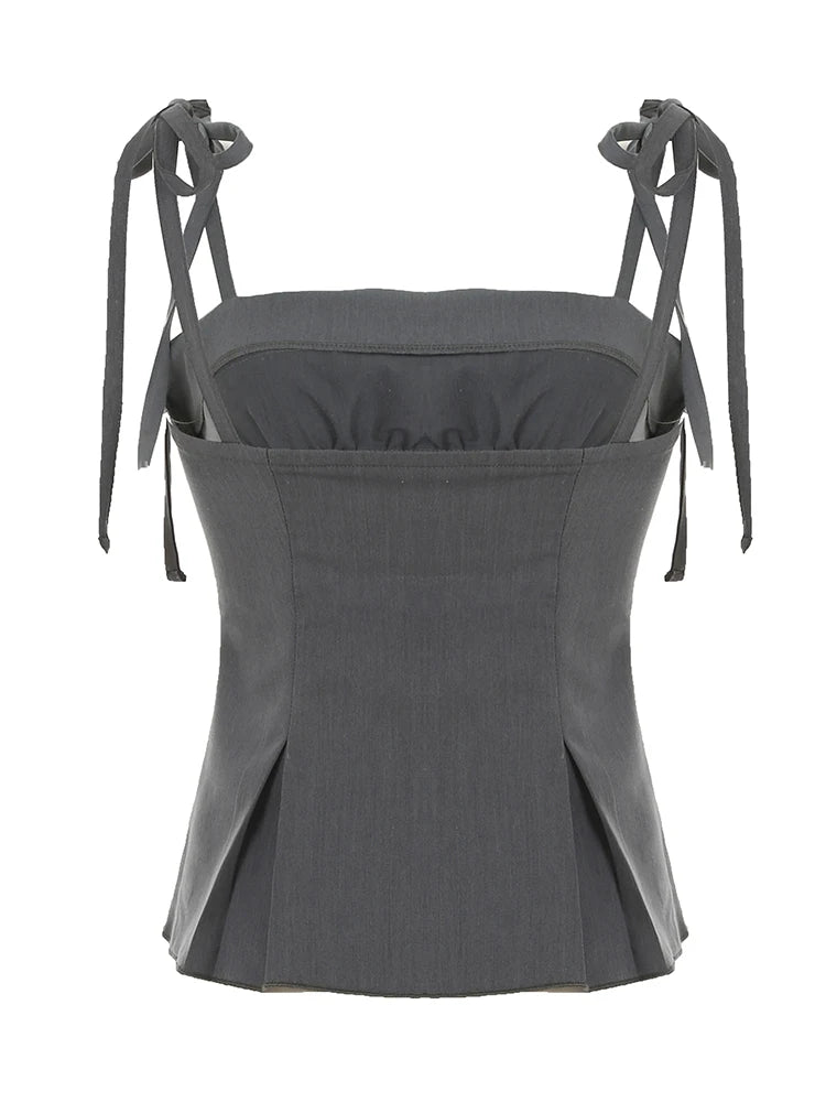 Gray Lace Bow Slim Top