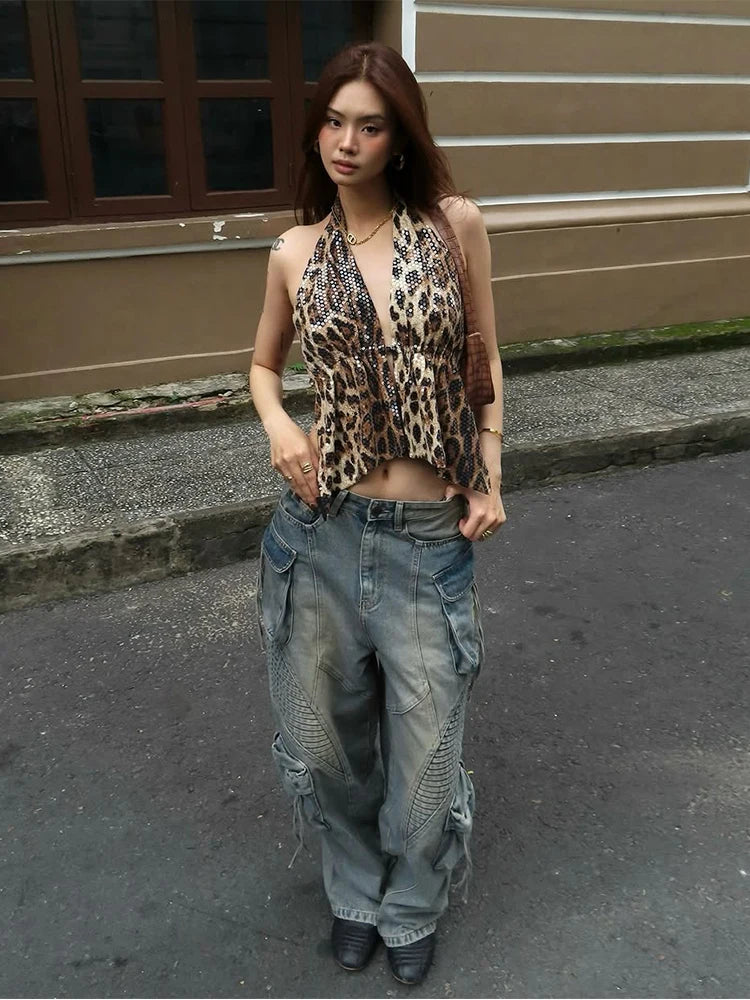 Leopard Sequins Vest Backless Halter V-Neck Lace-Up Sleeveless Wild Tank Top