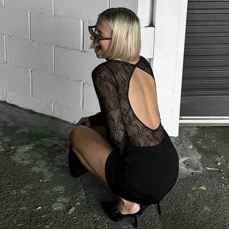 Black Dress Long Sleeve Lace See Through Mini Wrap Dress