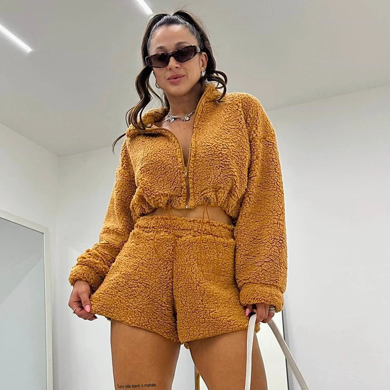 Furry Two Piece Set Trackuit Long Sleeve with Zipper Sweathirt Top Wait Set