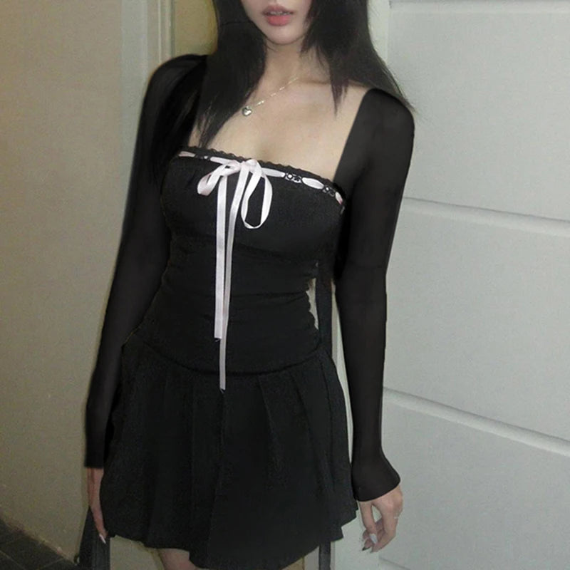 Black Lace Up Square Collar Dresses Balletcore Aesthetic Bodycon Long Sleeve Mini Dress Korean