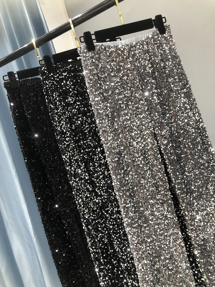 The Trendy Sparkling Gold Pants Relaxation of Tall Waist Wide-legged Pants South Korean