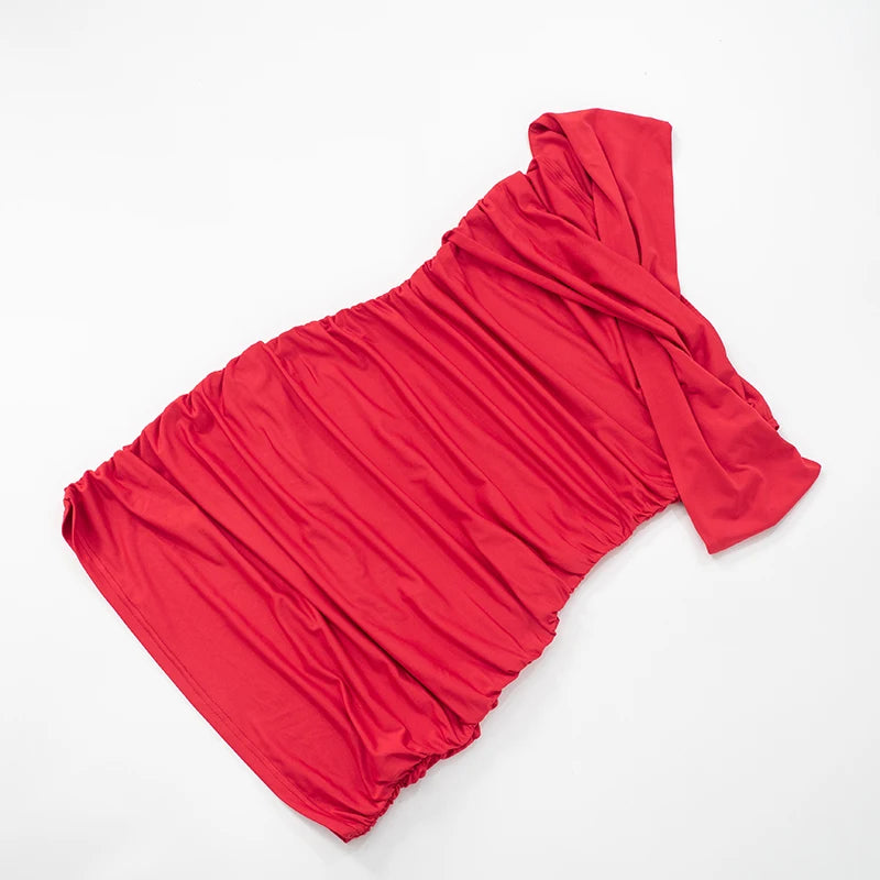 'S Spring And Asymmetric One-Shoulder Camis Color Twisted Shrink Pleated Package Hip Dress
